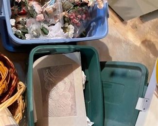 54. Small bar cart, rollling old wood chair painted white, baskets, heavy brass lamp and $55