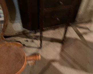 58. Miscellaneous items including mirror, high chair, antique sewing cabinet, stair plant stand and small stool $90