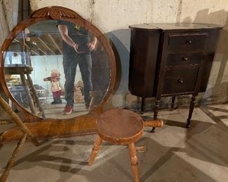58. Miscellaneous items including mirror, high chair, antique sewing cabinet, stair plant stand and small stool $90