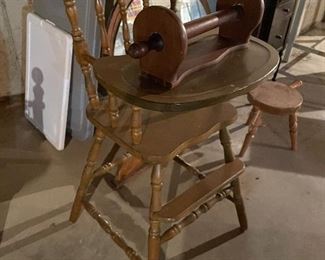 58. Miscellaneous items including mirror, high chair, antique sewing cabinet, stair plant stand and small stool $90