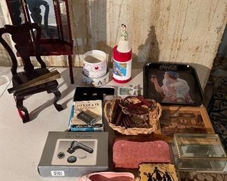 59. Small items on table including 1970s Coke Tray $30