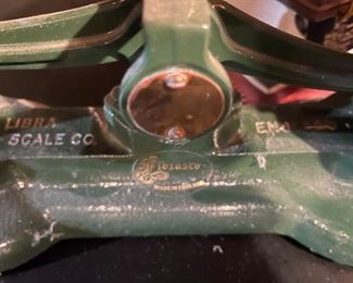 65. Old Scale with brass pans, globe clock and some books $45