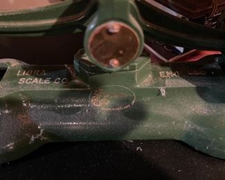 65. Old Scale with brass pans, globe clock and some books $45