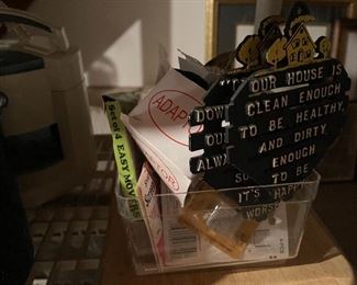 70. TWO shelves and box of cookware and dishware and planters $35