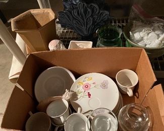 70. TWO shelves and box of cookware and dishware and planters $35