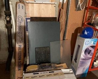 71. Shelving, some in box, projection screen, and other pices shown.  Fan in box $35