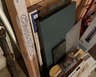 71. Shelving, some in box, projection screen, and other pices shown.  Fan in box $35