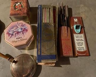 72. Trays, kitchen knives, tin boxes and more $15