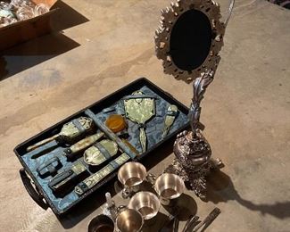77. Silverplate, hanging / standing frame, and antique makeup set with lusterware $45