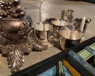 77. Silverplate, hanging / standing frame, and antique makeup set with lusterware $45