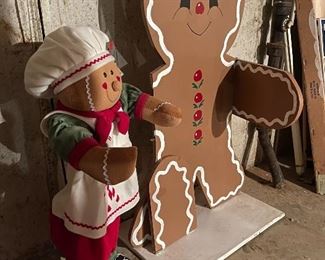 78. Big tall 4 foot gingerbread man with one arm needing to be put back on.  And his pal, about 30" tall! Free standing plush chef gingerbread man $100