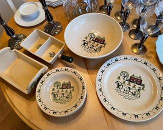 80. Table contents including candlesticks and matching wine glasses, and some Poppytail plates/ bowls. $75