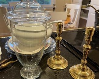 89. Soup Tureen, candelsticks, Calphalon pots and pans and other serving pieces. $100