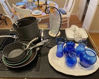 89. Soup Tureen, candelsticks, Calphalon pots and pans and other serving pieces. $100