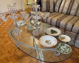 90.  Glass table full of plates and 2 amazing Crystal Candelabras $75