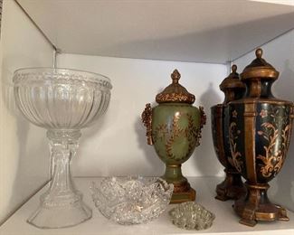 93. Shelf of green urn and 2 other TOYO decorative urns, glassware $75