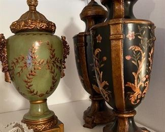 93. Shelf of green urn and 2 other TOYO decorative urns, glassware $75