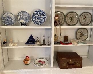 94. Six shelves including blue spode plates, and more with leather vintage makeup bag carrying case suitcase $65