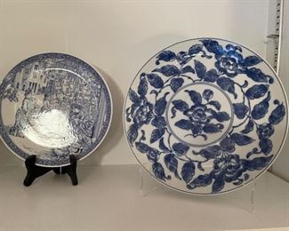 94. Six shelves including blue spode plates, and more with leather vintage makeup bag carrying case suitcase $65