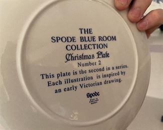 94. Six shelves including blue spode plates, and more with leather vintage makeup bag carrying case suitcase $65