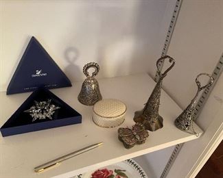 94. Six shelves including blue spode plates, and more with leather vintage makeup bag carrying case suitcase $65