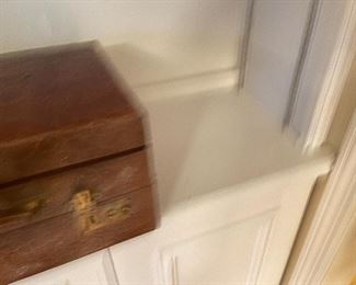 94. Six shelves including blue spode plates, and more with leather vintage makeup bag carrying case suitcase $65