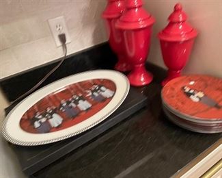 97. Cabinet of dishes and plates and bowl with decorative italian waiter items $50