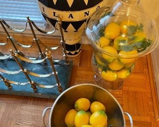 98. Nice lot of marble based wine holder, glass and metal dish of faux lemons $35