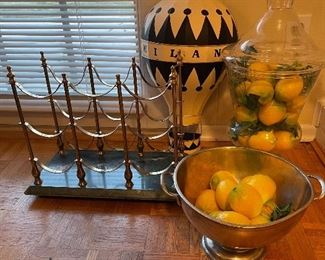 98. Nice lot of marble based wine holder, glass and metal dish of faux lemons $35