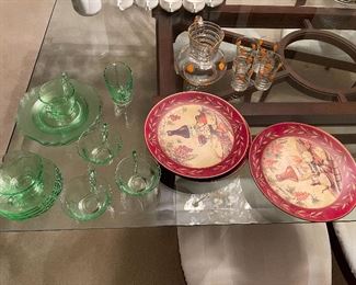 101. Green Vaseline ware and 2 other plates with an awesome old hand painted orange juice pitcher and cups  $ 50