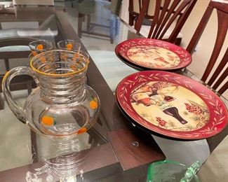 101. Green Vaseline ware and 2 other plates with an awesome old hand painted orange juice pitcher and cups  $ 50