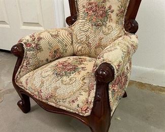 112. Small tiny upholstered antiqeu style chair for you dolly!  Awesome and authentic.  Not very old, I think.  $35
