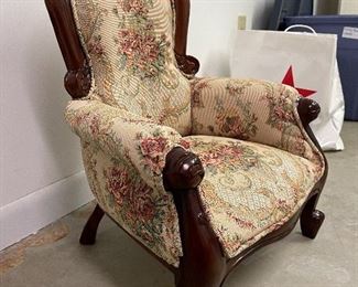 112. Small tiny upholstered antiqeu style chair for you dolly!  Awesome and authentic.  Not very old, I think.  $35