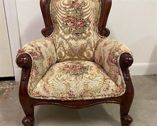 112. Small tiny upholstered antiqeu style chair for you dolly!  Awesome and authentic.  Not very old, I think.  $35