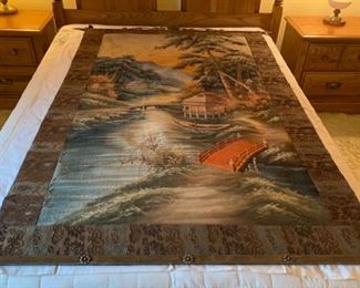 $2,400.00..............Incredible Antique Hand Embroidered Tapestry, Oriental Village Scene, please view following pictures for close up work , believed to be used in old time photography studio as back drop. Includes Norwegian Hand Wrought Iron Hangers, very heavy. 4' 4" x 5' 9" (P458)