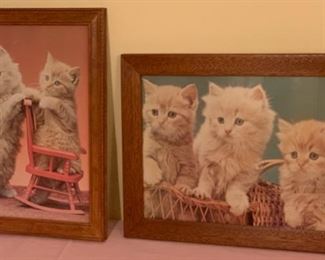 HALF OFF !  $12.50 NOW, WAS $25.00...................Vintage Cat Pictures,  Pair nice oak frames (P587)