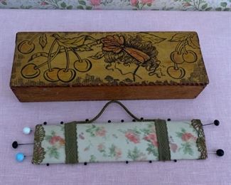 $40.00...............Flemish Wood Burnt Box with hat pins (P725)