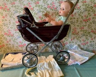 CLEARANCE!  $15.00 NOW, WAS $50.00................Vintage Baby Doll, Buggy and Clothing (P969)