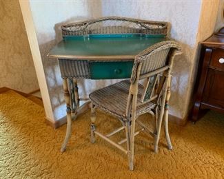 REDUCED!  $112.50 NOW, WAS $150.00...............Adorable Antique Sturdy Childs Size Wicker Desk and Chair, very old but in wonderful condition! 29 1/2" x 16 1/2", 33" tall (P997)