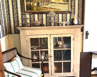 neo classic side chair, primitive cabinet, oil painting