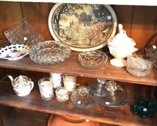 candles , ironstone glassware, metal tray