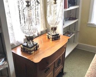 antique wash stand, pair of crystal and marble lamps