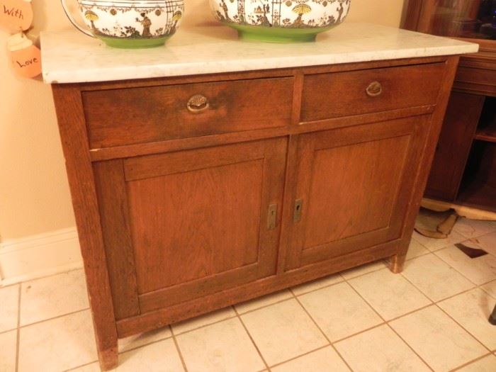 43 1/2" x 19 1/2"  2 drawer marble top wood washstand cabinet