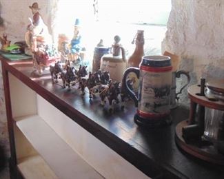 Figural Decanters, metal Budweiser Beer Wagons and others (sold separatley)