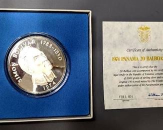 Panama 1974 20 Balboa Silver Proof Coin
