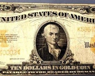1922 Large Size US $10 Gold Certificate
