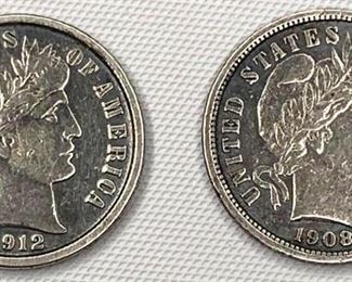 1908-S and 1912-D US Silver Barber Dimes
