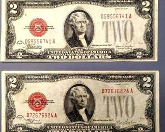 (2) 1928 F Red Seal $2 US Legal Tender Notes
