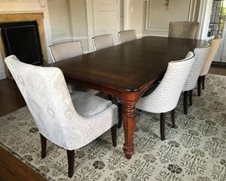 Henredon Parquetry Dining Table - 84" x 48" - with two 22" leaves. Hunt Chairs by Hickory Chair for Henredon - Dark walnut finish, nickel nailhead trim on 6 side chairs. 2 Dakota head chairs. | Retail: $22,500. | Price: $9,500