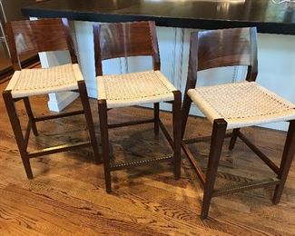 3 McGuire San Francisco Seido Counter Stools with Woven Seats - 18" W x 18" D x 36"H, 25" seat height. Brass foot rails, some blemishes to frames | Retail: $4,800 / 3 | Price: $350 / 3